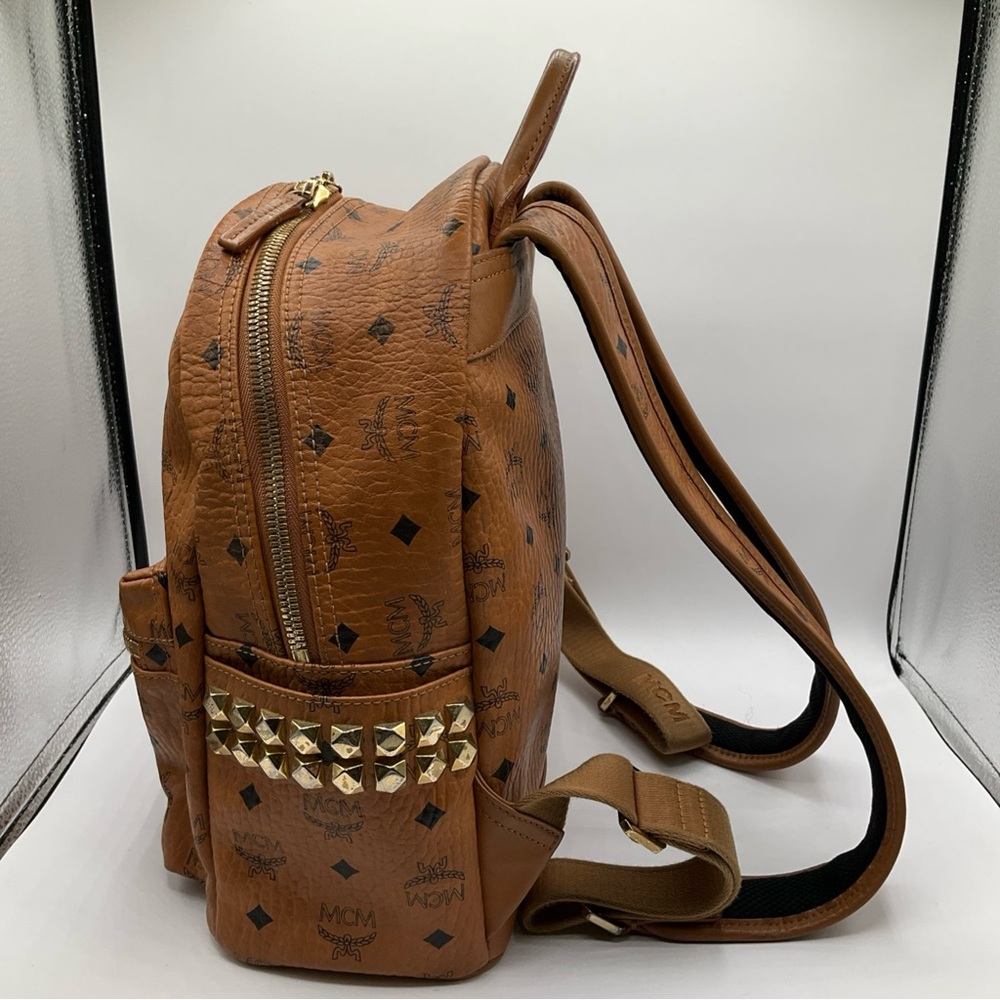 MCM Visetos Brown Cognac Monogram Gold Studded Leather Backpack - Picture 7 of 15